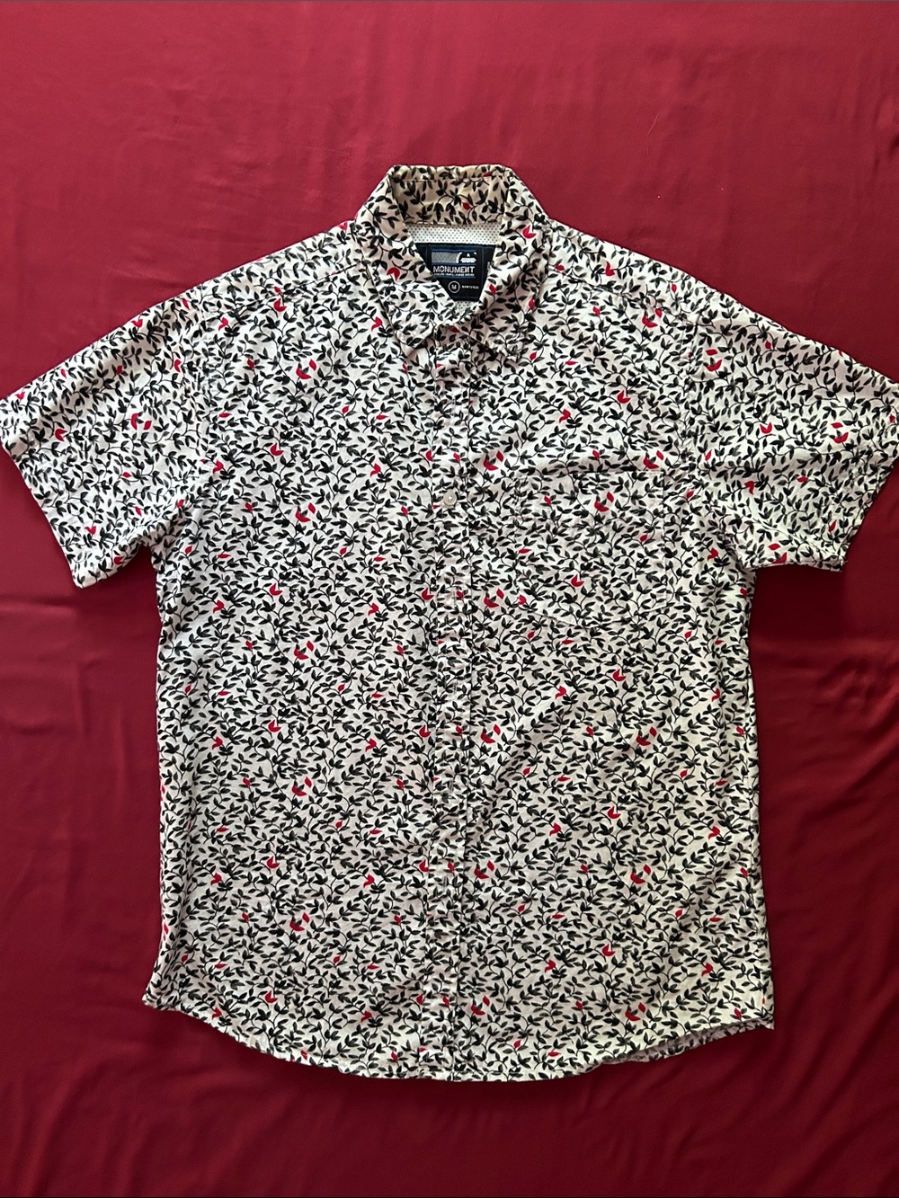 Monument Short-Sleeve Floral Button-Down Shirt in White with Red Accents